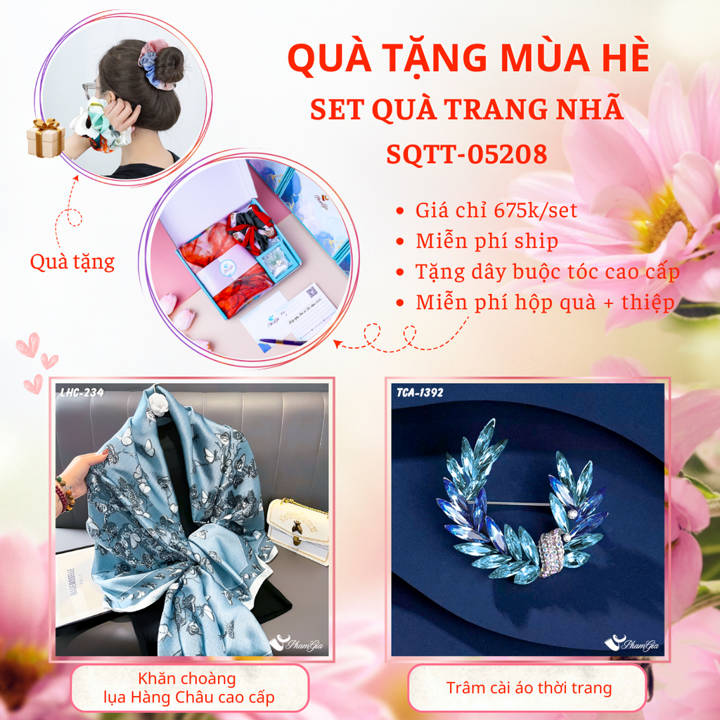 Set Quà Tặng Khăn Choàng Lụa Bướm Bay Và Ghim Cài Áo Hoa Cỏ Lau Cao Cấp