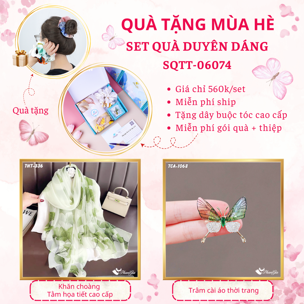 Set quà tặng khăn choàng tằm họa tiết lá rẻ quạt và ghim cài áo cao cấp