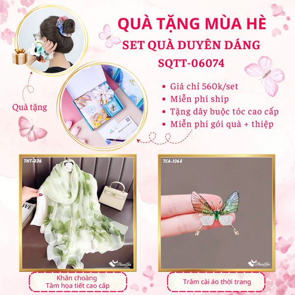 Quà Tặng Mùa Hè - Set Quà Tặng Khăn Choàng Tằm Họa Tiết Và Ghim Cài Áo Duyên Dáng (SQTT06074)