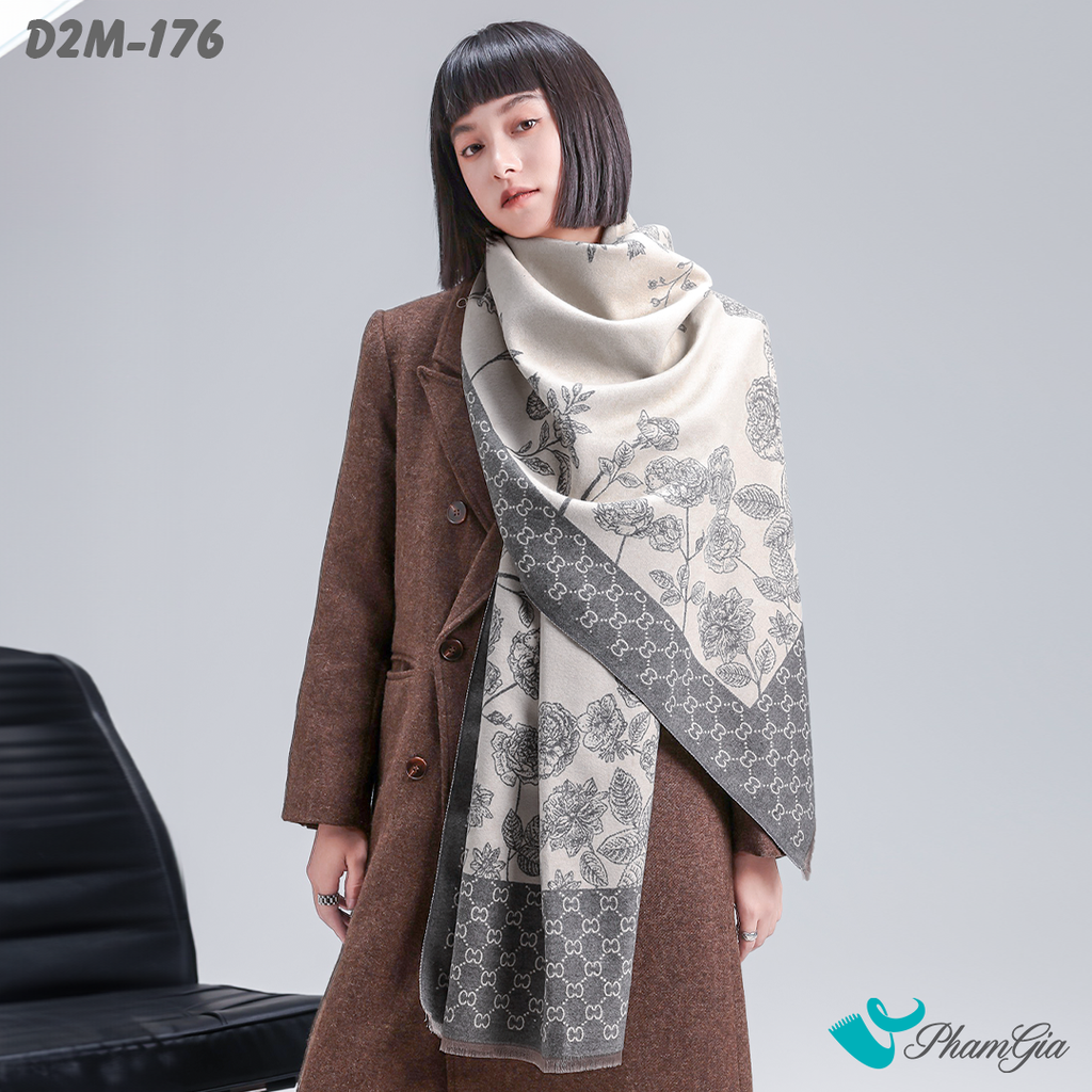 Khăn Choàng Dạ Cashmere 2 Mặt Cao Cấp Họa Tiết Hoa Hồng Màu Xám Khói Trang Trọng