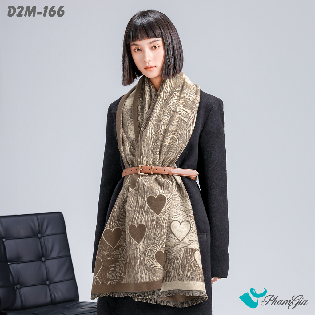 Khăn Choàng Dạ Cashmere 2 Mặt Cao Cấp Họa Tiết Trái Tim Màu Nâu Khói Thời Thượng