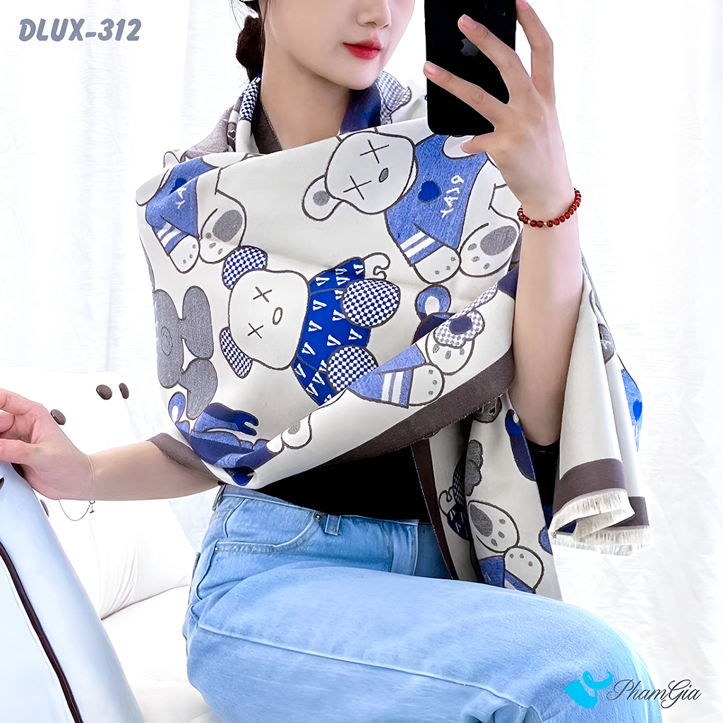 Khăn Choàng Dạ Cashmere Cao Cấp Họa Tiết Gấu BearBrick Màu Xanh Navy Cá Tính