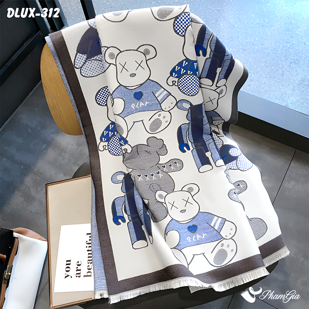 Góc Trên Khăn Choàng Dạ Cashmere Cao Cấp Họa Tiết Gấu BearBrick Màu Xanh Navy Cá Tính