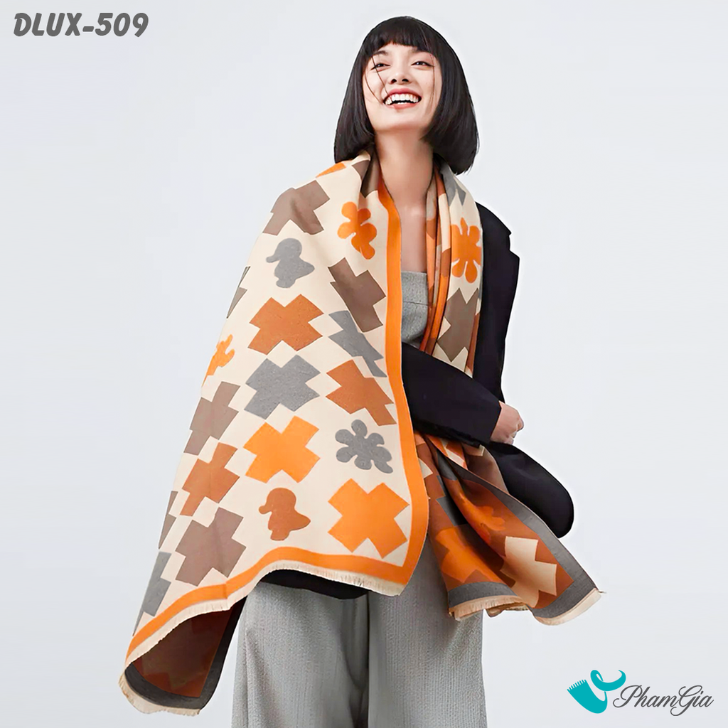 Người Mẫu Choàng Khăn Choàng Dạ Cashmere Cao Cấp Họa Tiết Hình Khối Phối Màu Viền Cam Nổi Bật