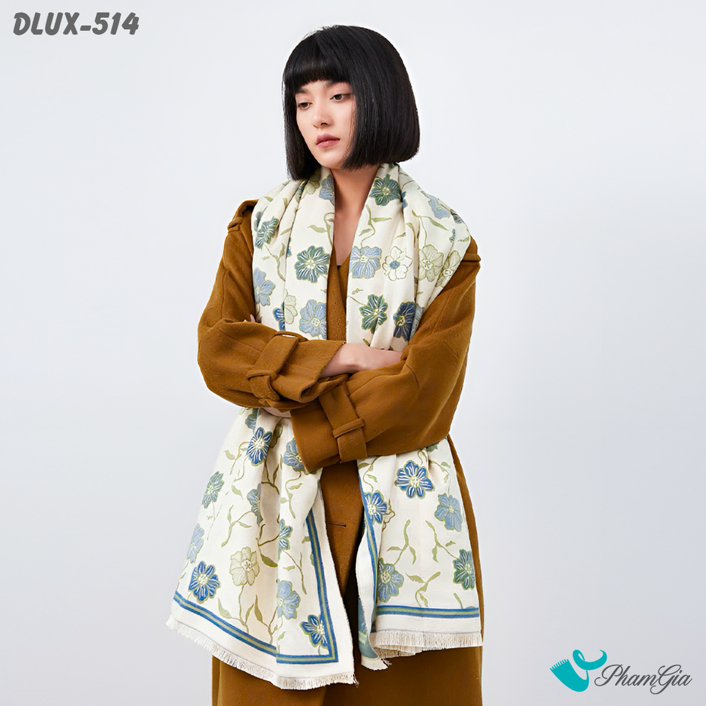 Khăn Choàng Dạ Cashmere Cao Cấp Họa Tiết Hoa Cúc Màu Xanh Phối Nền Kem Trang Nhã