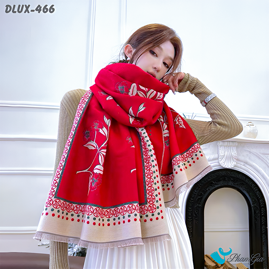 Model Choàng Khăn Choàng Dạ Cashmere Cao Cấp Họa Tiết Hoa Tuyết Mai Màu Đỏ Ruby Trang Nhã
