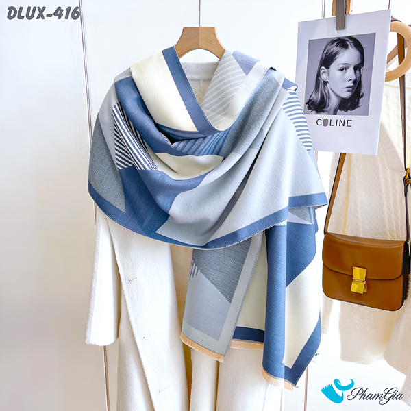 Khăn Choàng Dạ Cashmere Cao Cấp Họa Tiết Lập Thể Phối Màu Xám - Xanh Dương Cá Tính (DLUX416)