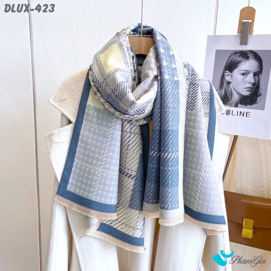 Khăn Choàng Dạ Cashmere Cao Cấp Họa Tiết Caro và Nanh Sói Màu Xanh Dương Hiện Đại