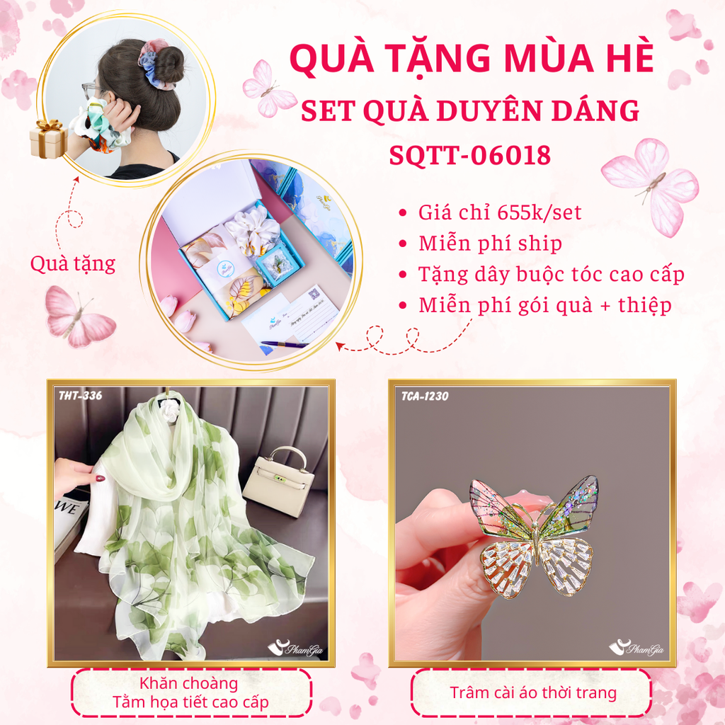 Set quà tặng khăn choàng tằm họa tiết lá rẻ quạt và ghim cài áo bướm xanh cao cấp
