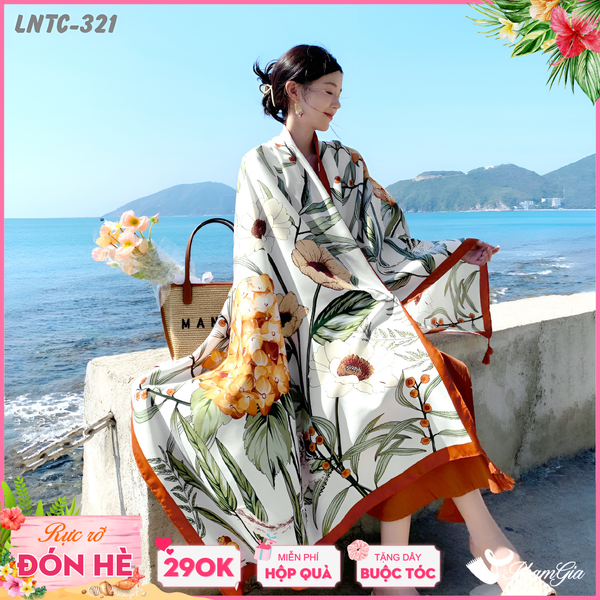 Khăn Choàng Linen Boho Họa Tiết Hoa Cẩm Tú Cầu Màu Trắng Kem Phối Cam Thanh Lịch (LNTC321)