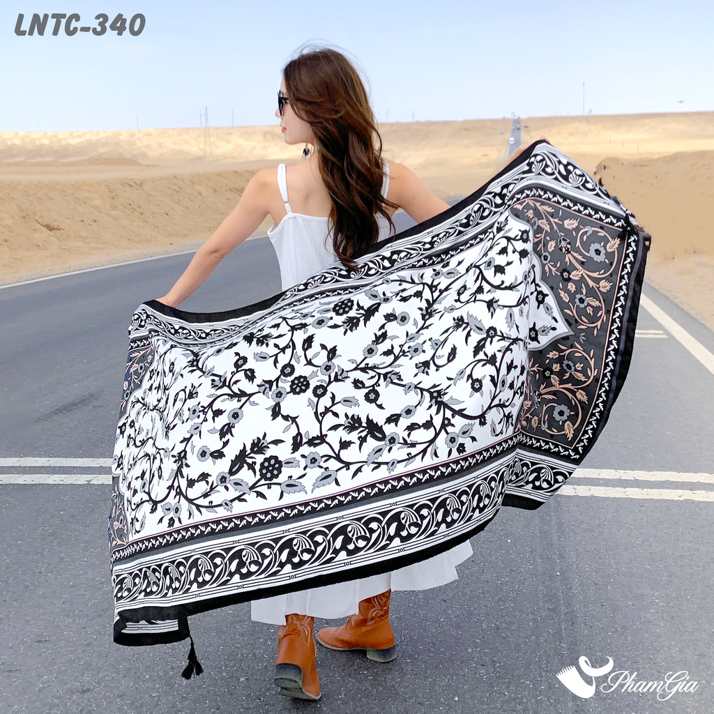 Khăn Choàng Linen Boho Họa Tiết Hoa Dây Leo Cổ Điển Màu Trắng Đen Thanh Lịch
