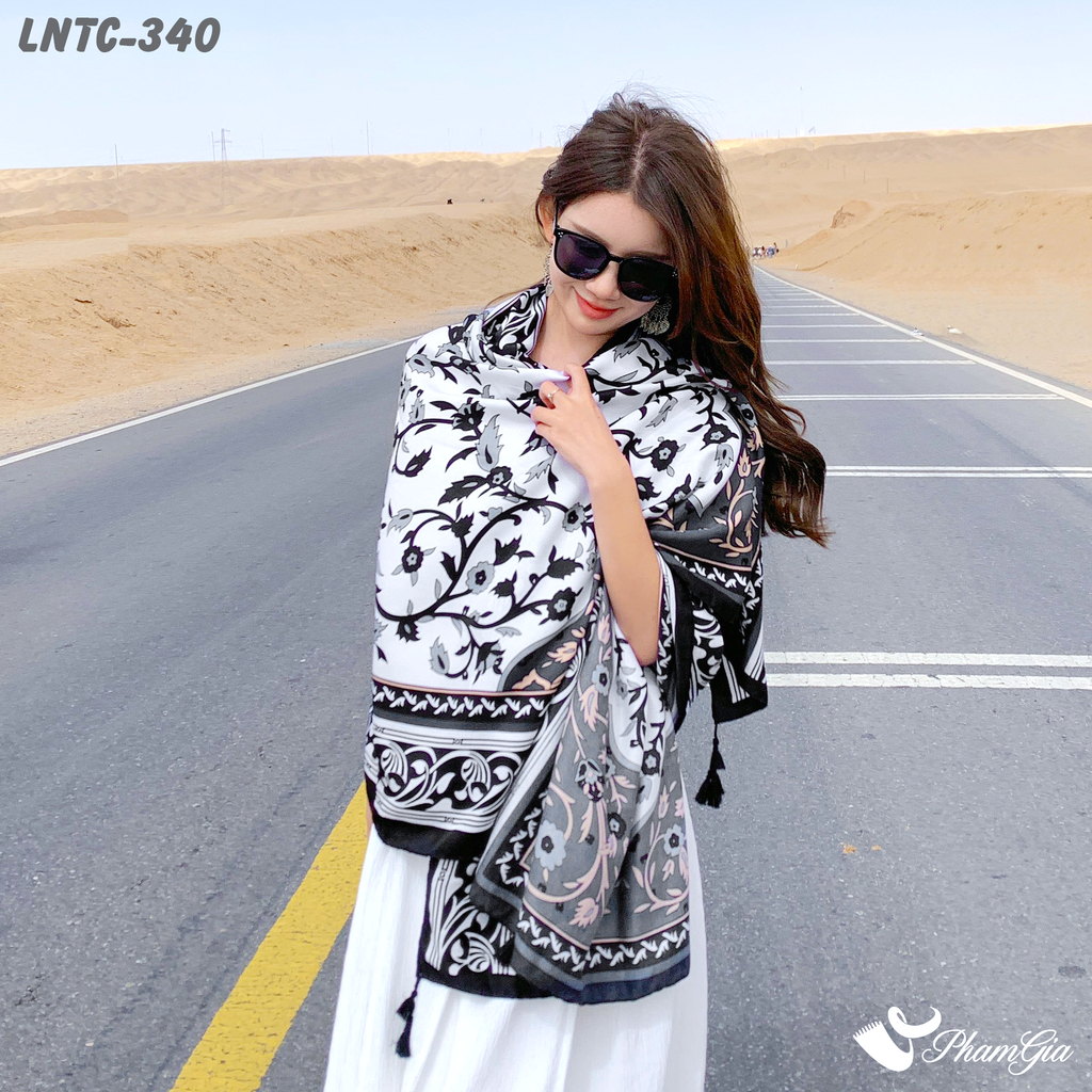 Người Mẫu Choàng Khăn Choàng Linen Boho Họa Tiết Hoa Dây Leo Cổ Điển Màu Trắng Đen Thanh Lịch