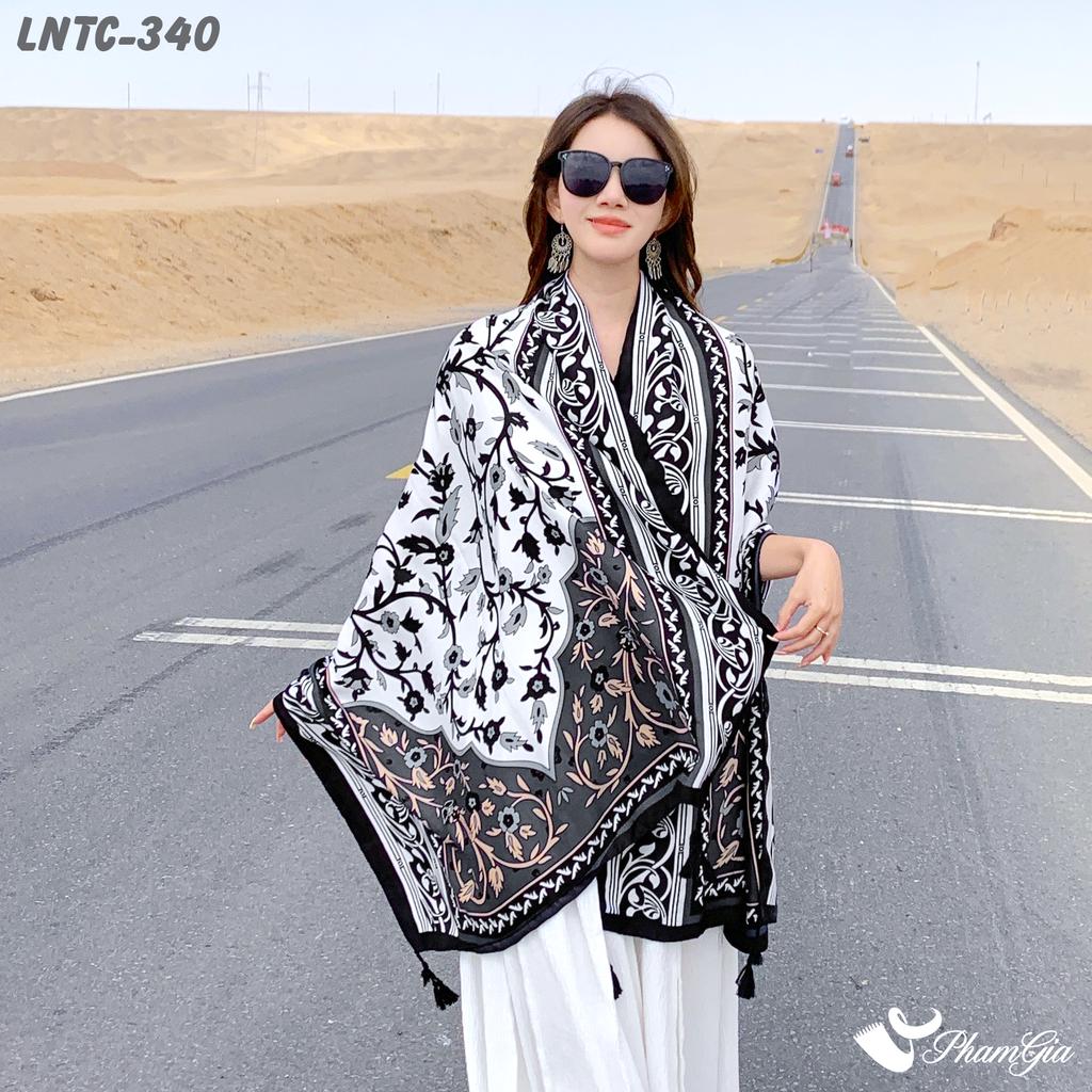 Model Choàng Khăn Choàng Linen Boho Họa Tiết Hoa Dây Leo Cổ Điển Màu Trắng Đen Thanh Lịch