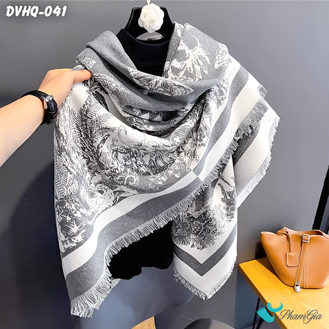 Góc Nghiêng Khăn Choàng Dạ Cashmere Vuông Phong Cách Hàn Quốc Cao Cấp Họa Tiết Vườn Nhiệt Đới Màu Xám Khói
