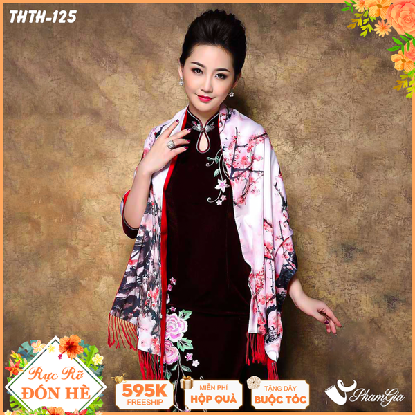 Khăn Choàng Tằm Hoa Thượng Hải 2 Lớp Cao Cấp Họa Tiết Hoa Đào Màu Hồng Trang Nhã (THTH125)