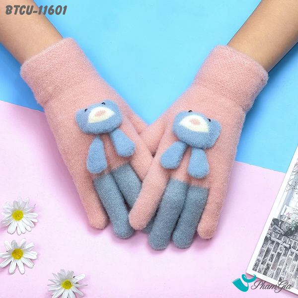 Găng Tay Len Cảm Ứng Giữ Ấm Cao Cấp Đính Gấu Dễ Thương Màu Hồng Đào (BTCU11601)
