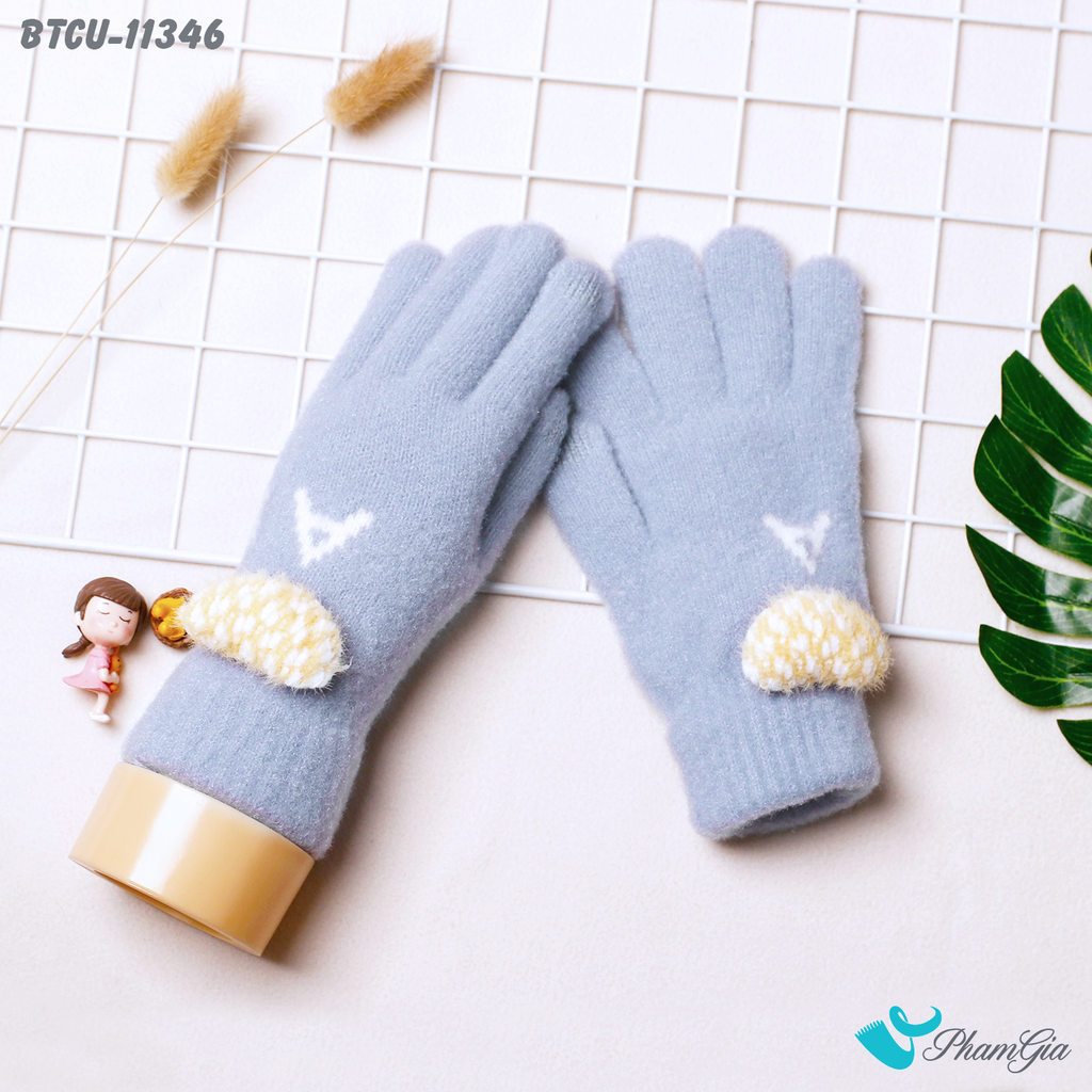 Găng Tay Len Cảm Ứng Giữ Ấm Cao Cấp Đính Trái Tim Màu Xanh Blue
