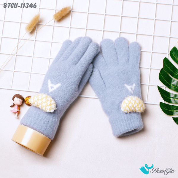 Găng Tay Len Cảm Ứng Giữ Ấm Cao Cấp Đính Trái Tim Màu Xanh Blue (BTCU11346)