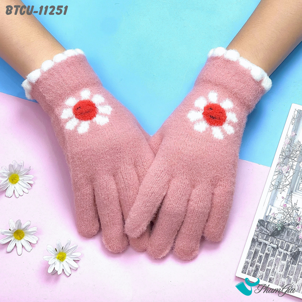 Găng Tay Len Cảm Ứng Giữ Ấm Họa Tiết Hoa Cúc Màu Hồng (BTCU11251)