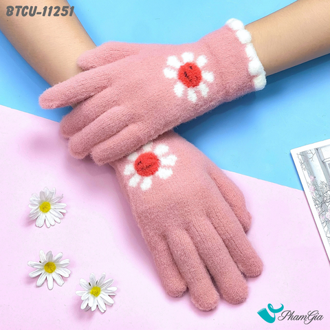 Góc Trên Găng Tay Len Cảm Ứng Giữ Ấm Họa Tiết Hoa Cúc Màu Hồng