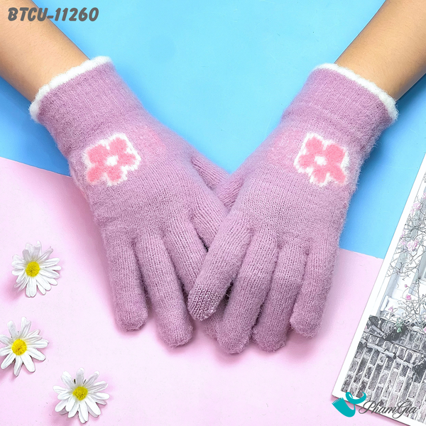 Găng Tay Len Cảm Ứng Giữ Ấm Họa Tiết Hoa Cúc Màu Tím Lilac (BTCU11260)