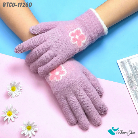 Góc Trên Găng Tay Len Cảm Ứng Giữ Ấm Họa Tiết Hoa Cúc Màu Tím Lilac