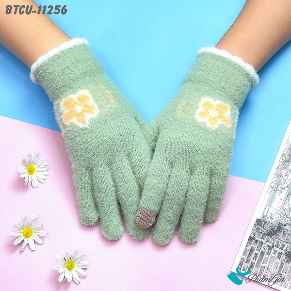 Găng Tay Len Cảm Ứng Giữ Ấm Họa Tiết Hoa Cúc Màu Xanh Bơ (BTCU11256)