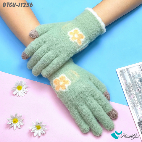Góc Trên Găng Tay Len Cảm Ứng Giữ Ấm Họa Tiết Hoa Cúc Màu Xanh Bơ