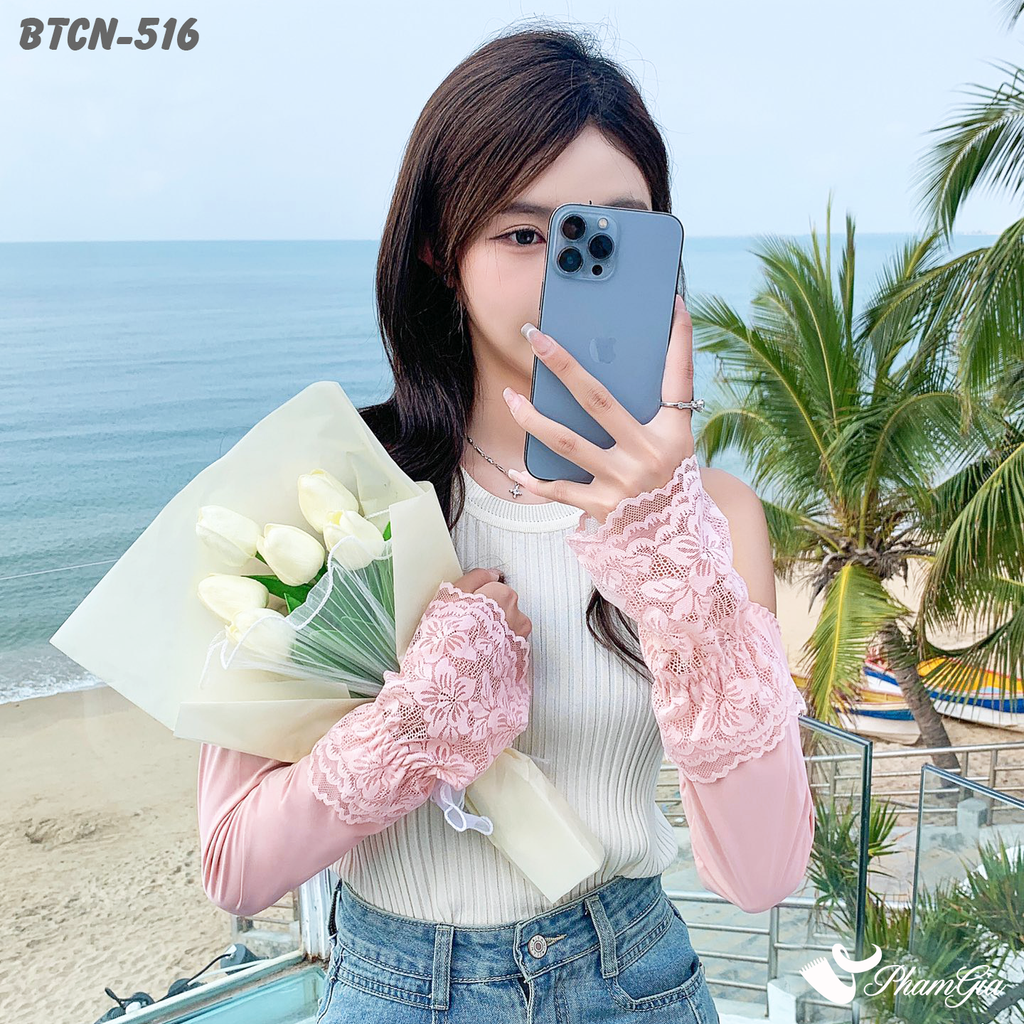 Model Đeo Găng Tay Ống Chống Nắng Đăng Ten Hạ Nhiệt Cao Cấp Màu Hồng Pastel