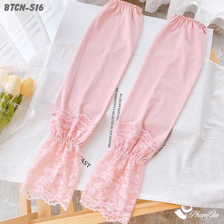 Góc Trên Găng Tay Ống Chống Nắng Đăng Ten Hạ Nhiệt Cao Cấp Màu Hồng Pastel