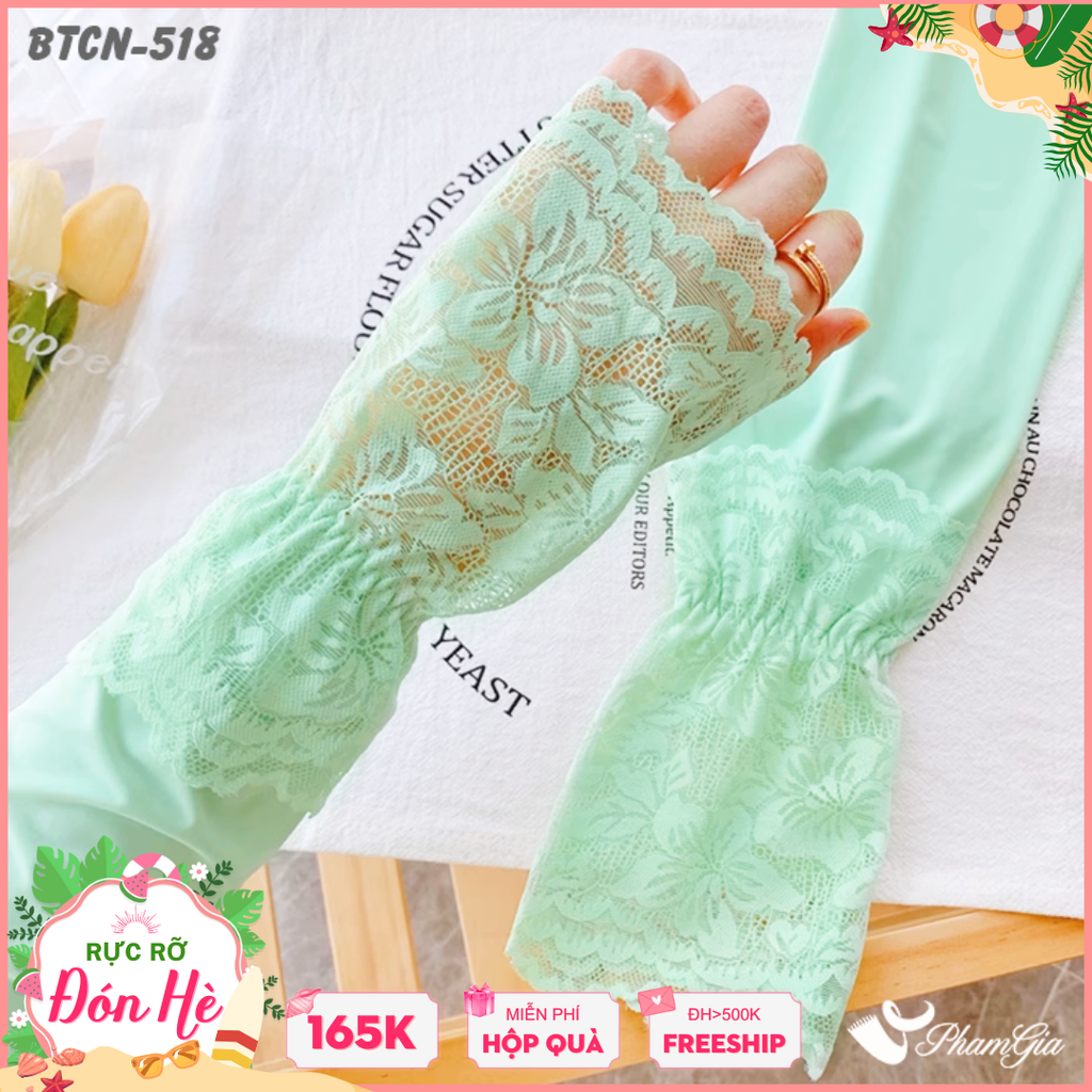 Găng Tay Ống Chống Nắng Đăng Ten Hạ Nhiệt Cao Cấp Màu Xanh Mint