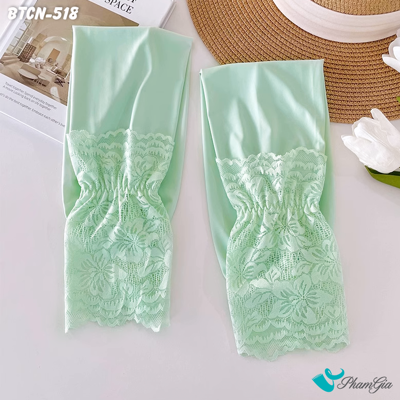 Cận Cảnh Găng Tay Ống Chống Nắng Đăng Ten Hạ Nhiệt Cao Cấp Màu Xanh Mint