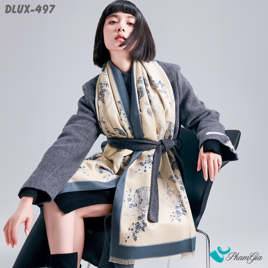 Người Mẫu Choàng Khăn Choàng Dạ Cashmere Cao Cấp Họa Tiết Cổ Điển Màu Xanh Trang Nhã