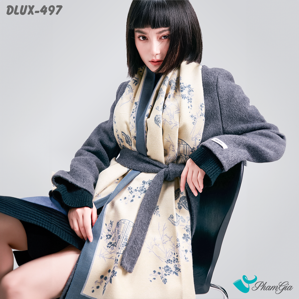 Góc Nghiêng Khăn Choàng Dạ Cashmere Cao Cấp Họa Tiết Cổ Điển Màu Xanh Trang Nhã