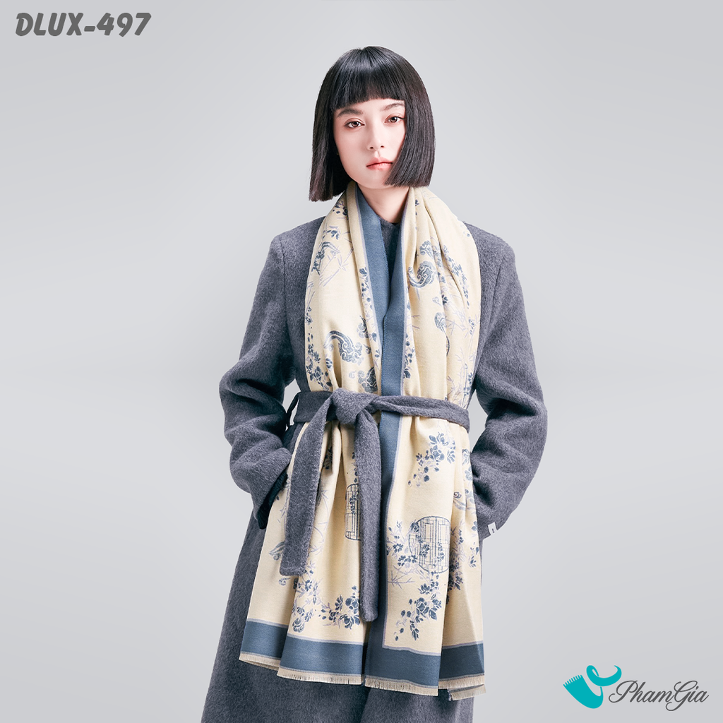 Model Choàng Khăn Choàng Dạ Cashmere Cao Cấp Họa Tiết Cổ Điển Màu Xanh Trang Nhã