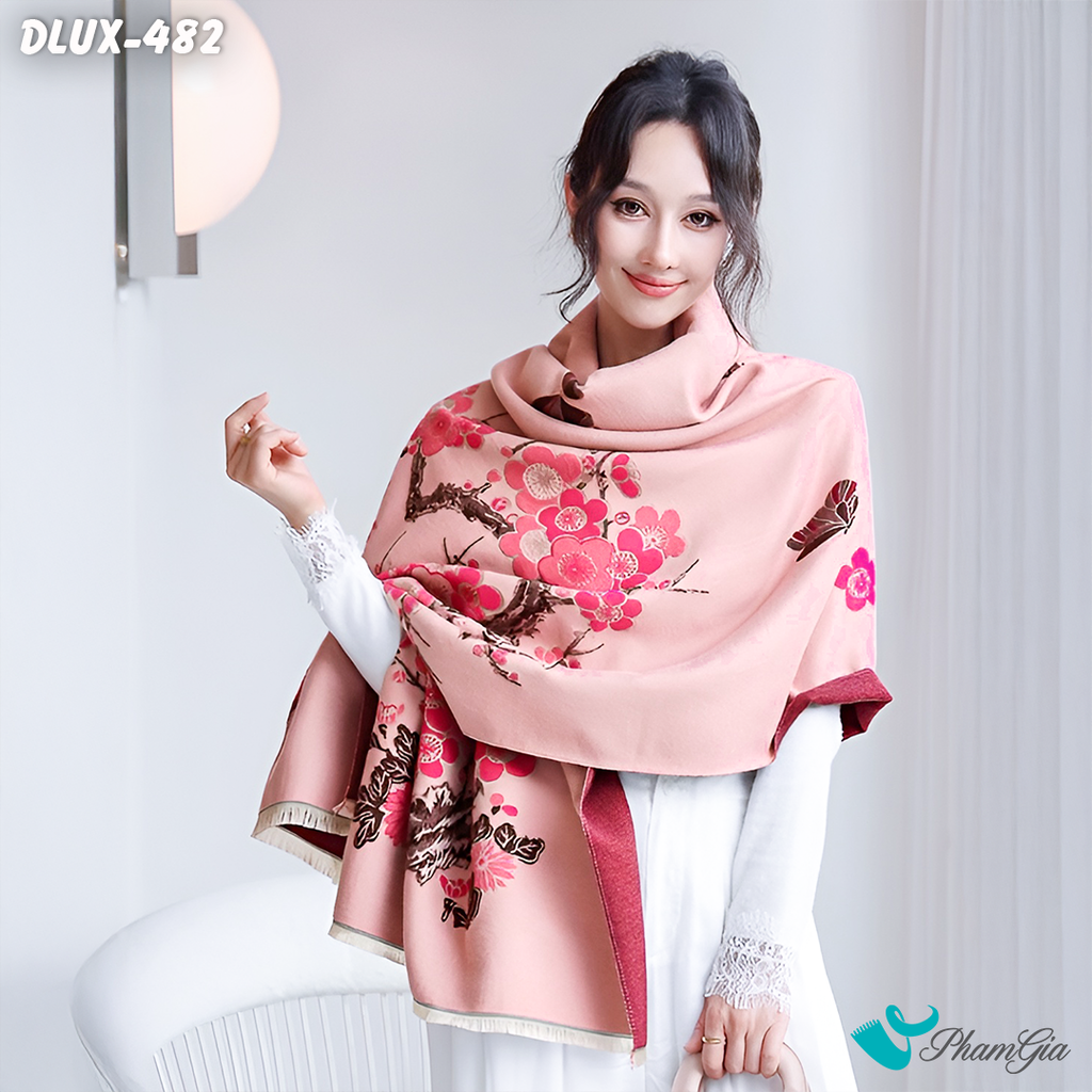 Khăn Choàng Dạ Cashmere Cao Cấp Họa Tiết Hoa Đào Màu Hồng Đào Trang Nhã
