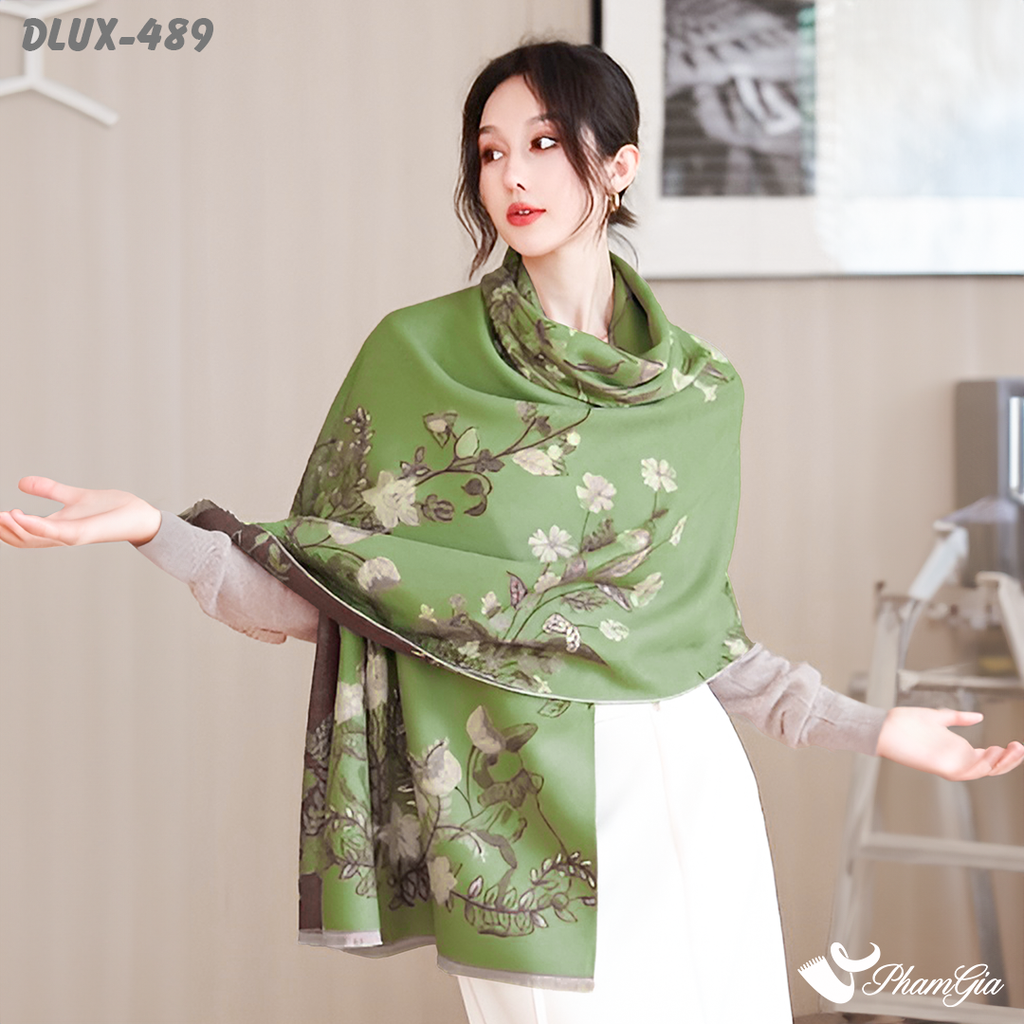 Khăn Choàng Dạ Cashmere Cao Cấp Họa Tiết Hoa Dây Leo Màu Xanh Trang Nhã