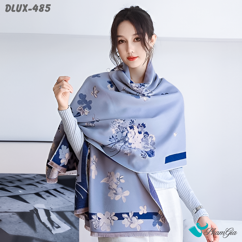Khăn Choàng Dạ Cashmere Cao Cấp Họa Tiết Hoa Lá Màu Xanh Blue Trang Nhã