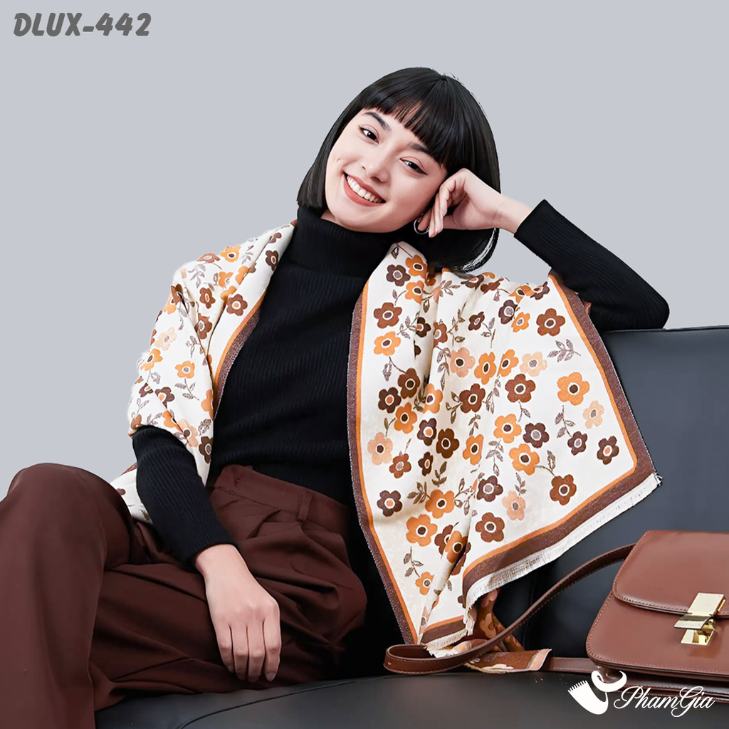 Khăn Choàng Dạ Cashmere Cao Cấp Họa Tiết Hoa Nhí Màu Nâu Đất Thanh Lịch