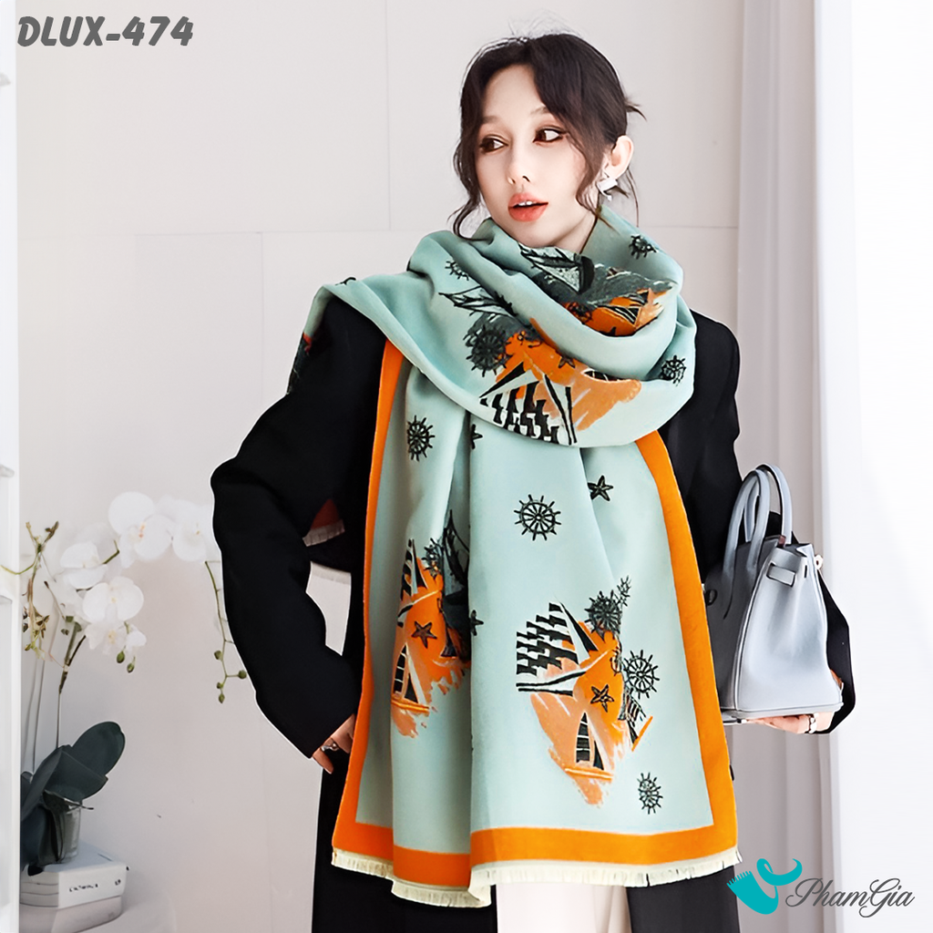 Khăn Choàng Dạ Cashmere Cao Cấp Họa Tiết Retro Màu Xanh Ngọc Thanh Lịch