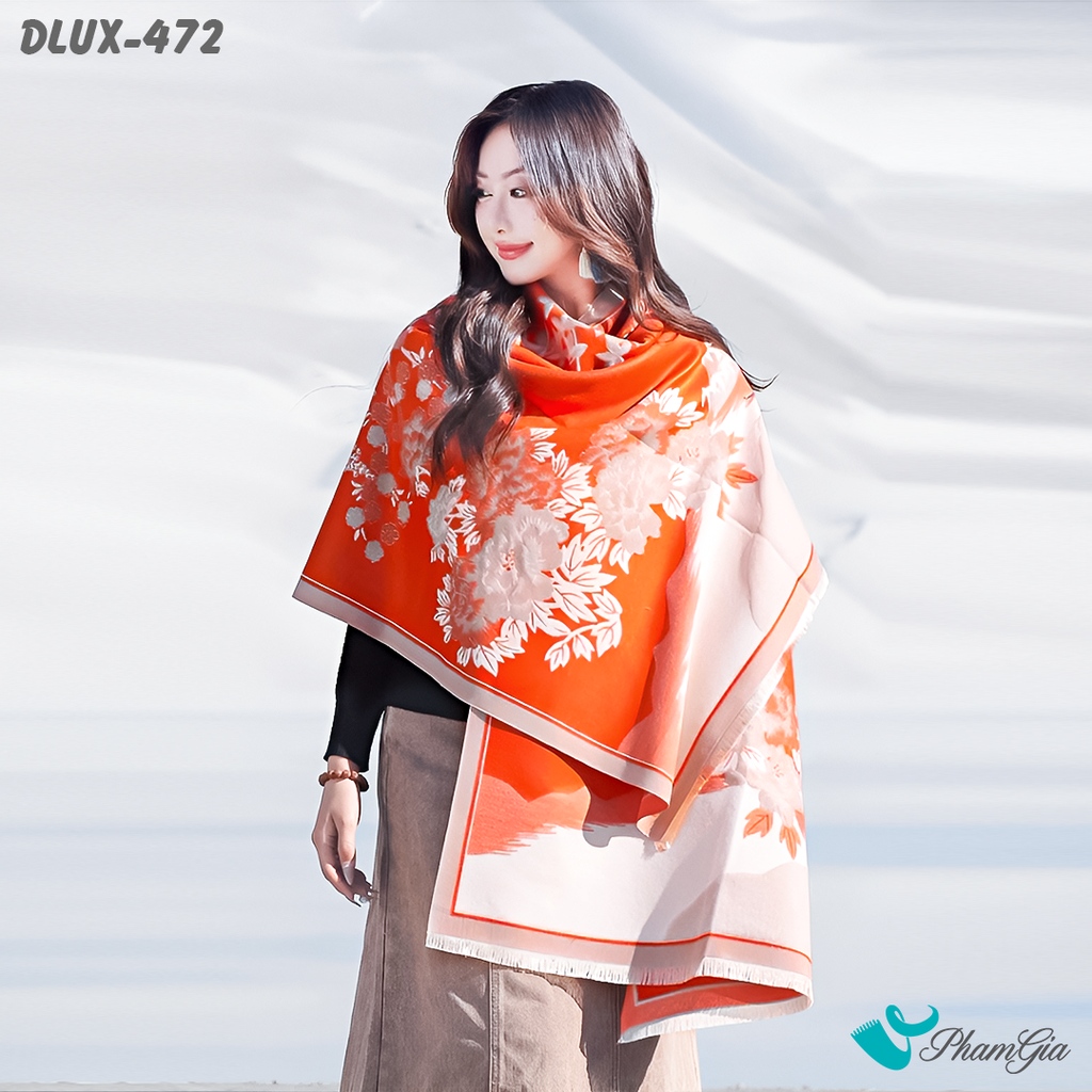 Khăn Choàng Dạ Cashmere Cao Cấp Họa Tiết Sơn Thủy Màu Cam Cháy Ấn Tượng