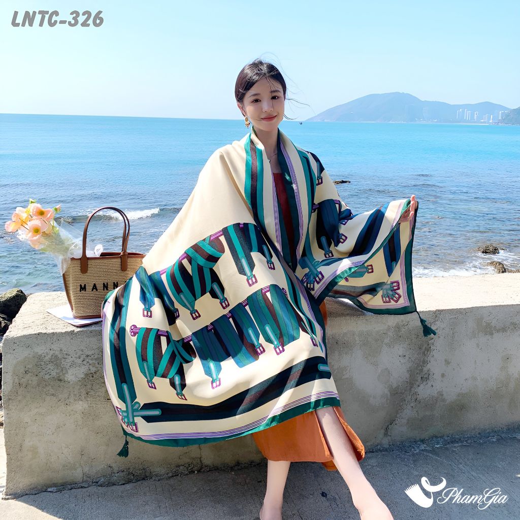 Khăn Choàng Linen Boho Họa Tiết Dây Đai Xanh Phối Nền Beige Cá Tính