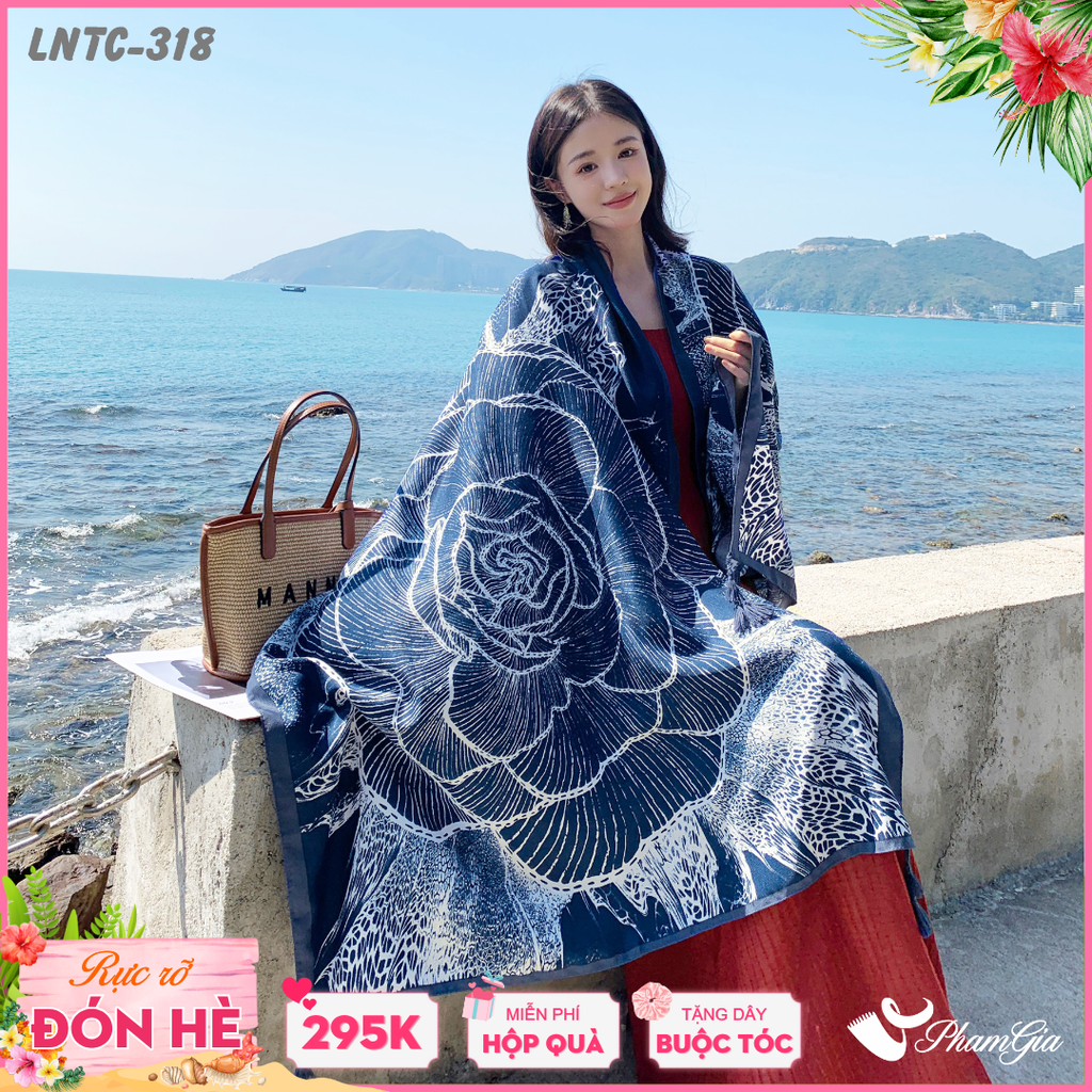 Khăn Choàng Linen Boho Họa Tiết Hoa Hồng Khắc Nét Màu Xanh Navy Tinh Tế