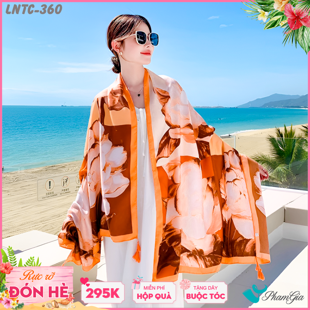 Khăn Choàng Linen Boho Họa Tiết Thổ Cẩm Phối Hoa Màu Cam Đào Thanh Lịch