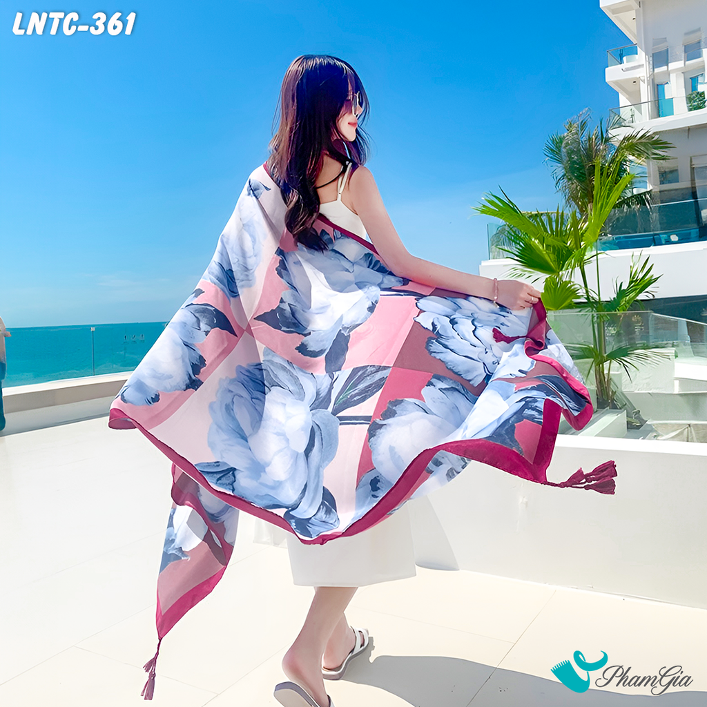Khăn Choàng Linen Boho Họa Tiết Thổ Cẩm Phối Hoa Màu Xám Thanh Lịch