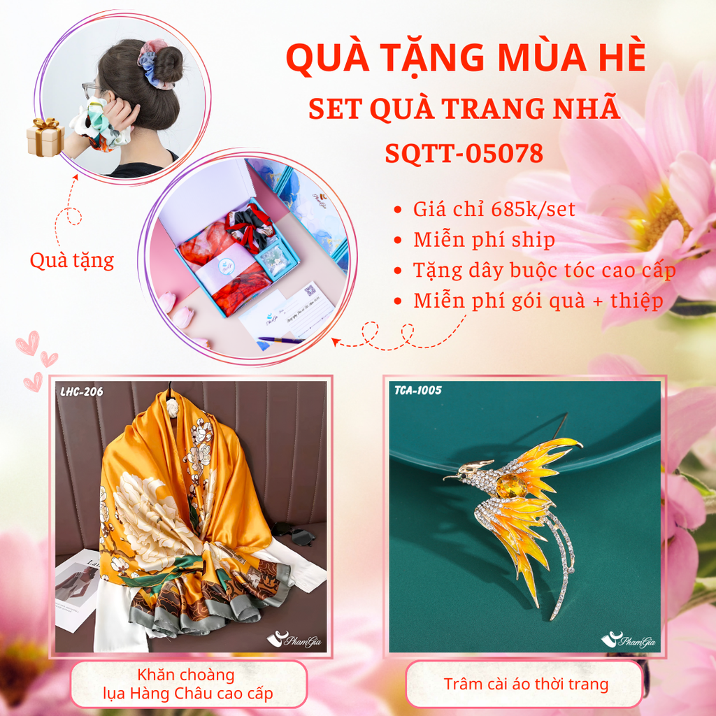 Set Quà Tặng Khăn Choàng Lụa Hoa Mẫu Đơn Và Ghim Cài Áo Chim Phượng Hoàng Thời Trang
