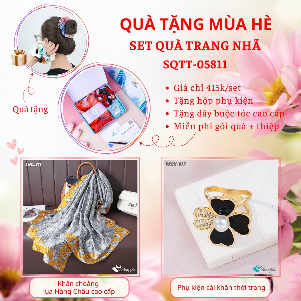Set Quà Tặng Khăn Choàng Lụa Hoa Thủy Tiên Và Phụ Kiện Cài Khăn Cỏ Bốn Lá Thời Trang