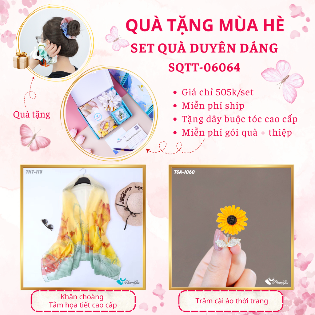 Set quà tặng khăn choàng tằm họa tiết hoa sen và ghim cài áo hoa hướng dương cao cấp