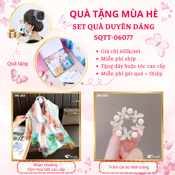 Quà Tặng Mùa Hè - Set Quà Tặng Khăn Choàng Tằm Họa Tiết Và Ghim Cài Áo Duyên Dáng (SQTT06077)