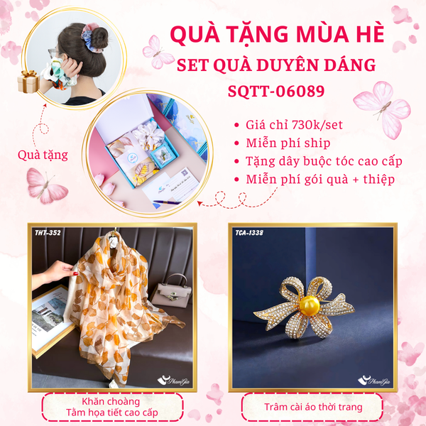 Quà Tặng Mùa Hè - Set Quà Tặng Khăn Choàng Tằm Họa Tiết Và Ghim Cài Áo Duyên Dáng (SQTT06089)